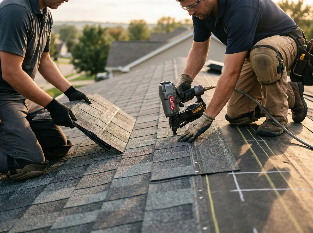 Professional roofer working on a residential roof in Savannah